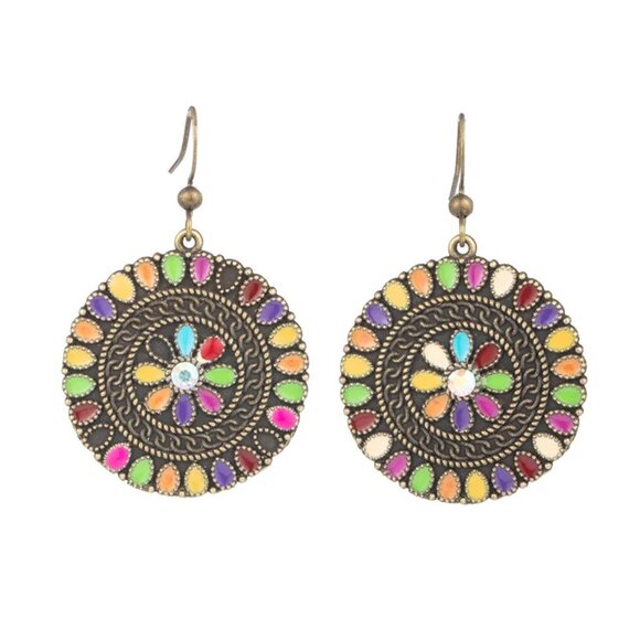 3/$35 Ethnic Dangle Drop Fashion Earrings Antique Gold Round Colourful Stones - Picture 7 of 7